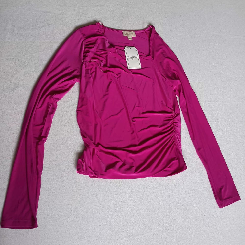 London Rose NWT Fuchsia Pink Asymmetrical Square Neck Ruched Top L Has Flaw